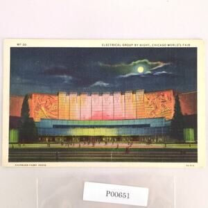 1933 Chicago World's Fair Electrical Group By Night Linen Postcard Illinois IL